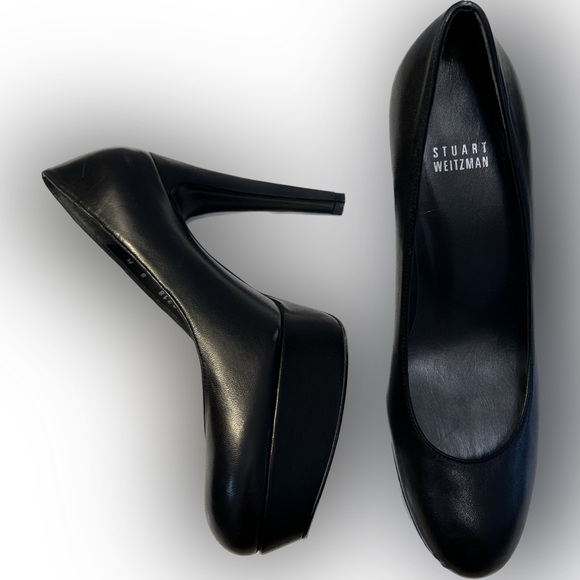 Stuart Weitzman Stilts Black Leather Heels Womens Sz 8 Closed Rounded Toe‎ - Picture 2 of 10